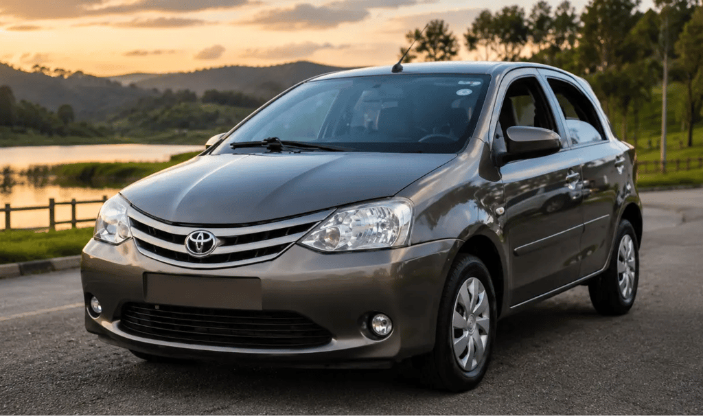 Toyota Etios Sedan cinza estacionado em estrada com lago e montanhas ao fundo.