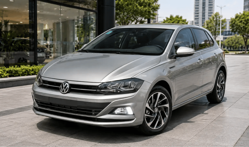 Volkswagen Polo Highline usado prata em frente a showroom urbano