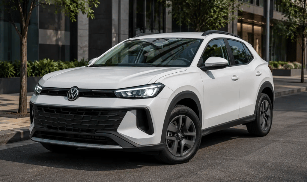 Volkswagen Tera branco estacionado em ambiente urbano com prédios modernos ao fundo