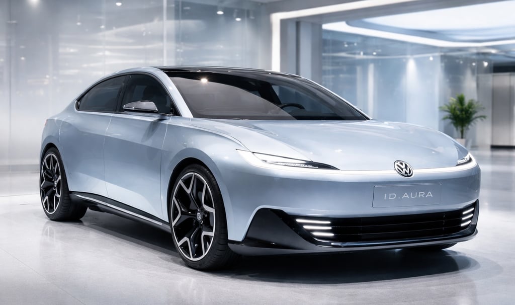 VW ID.Aura 2026 azul claro SUV elétrico em salão moderno destacando design futurista e tecnologia Li