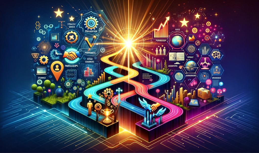 a colorful cityscape with marketing symbols