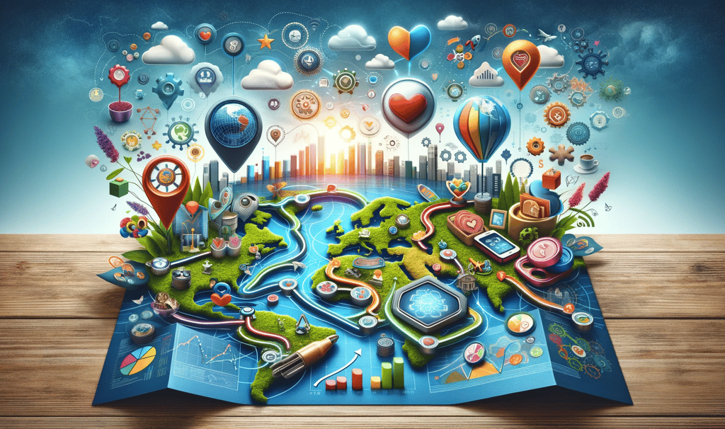 a map of the world with marketing symbols