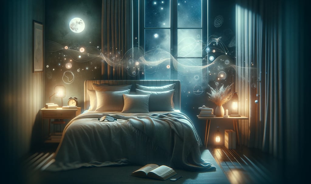 a bed with a book in a peaceful scene