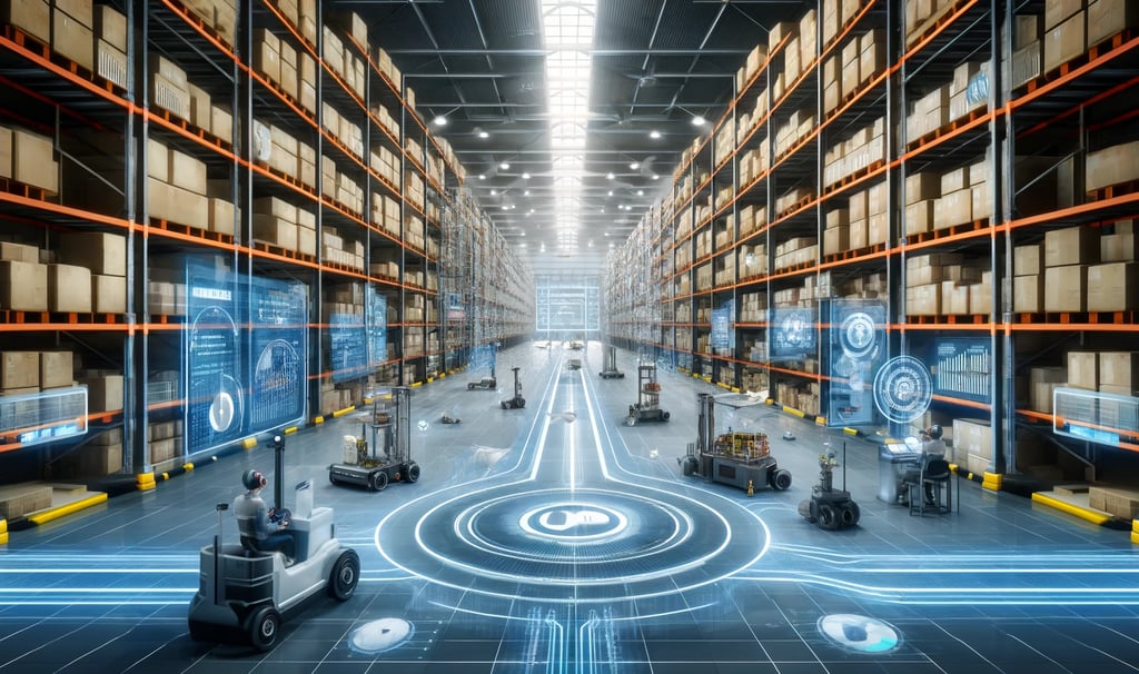 a warehouse with a lot of boxes and robots