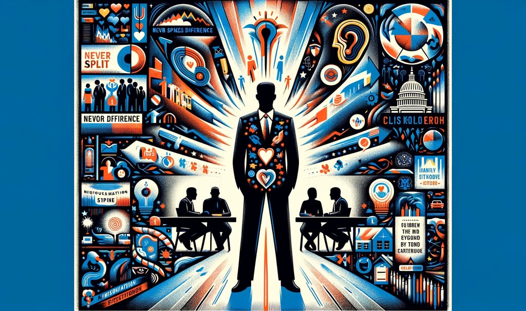 a man in a suit and tie standing in front of a poster