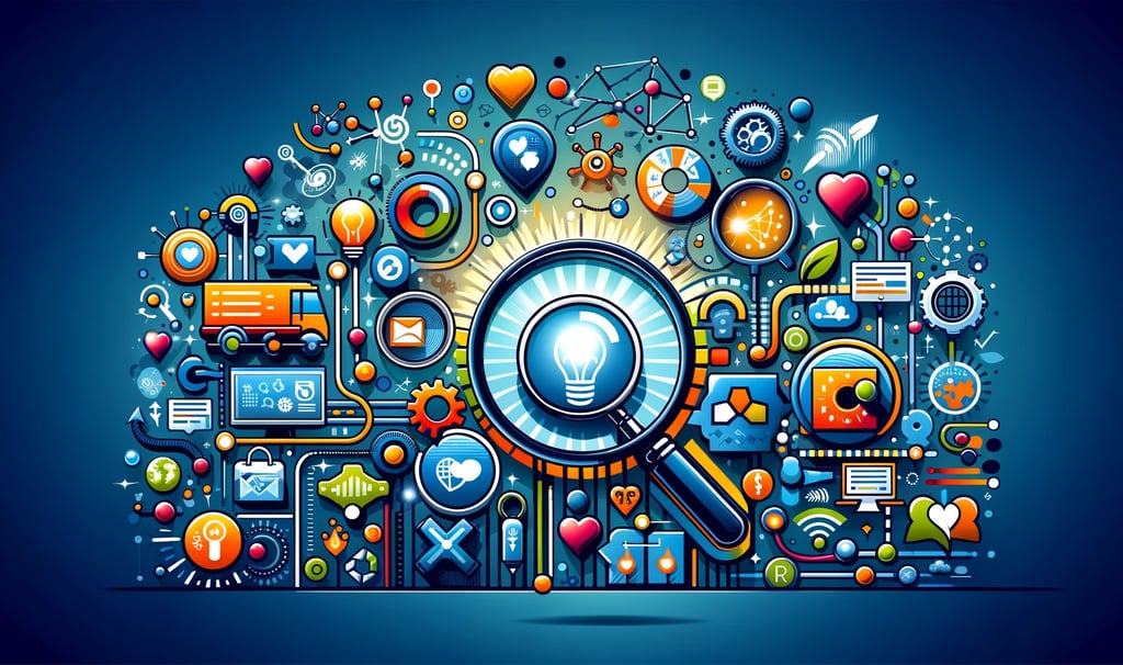 a cloud of various objects and symbols in a blue background