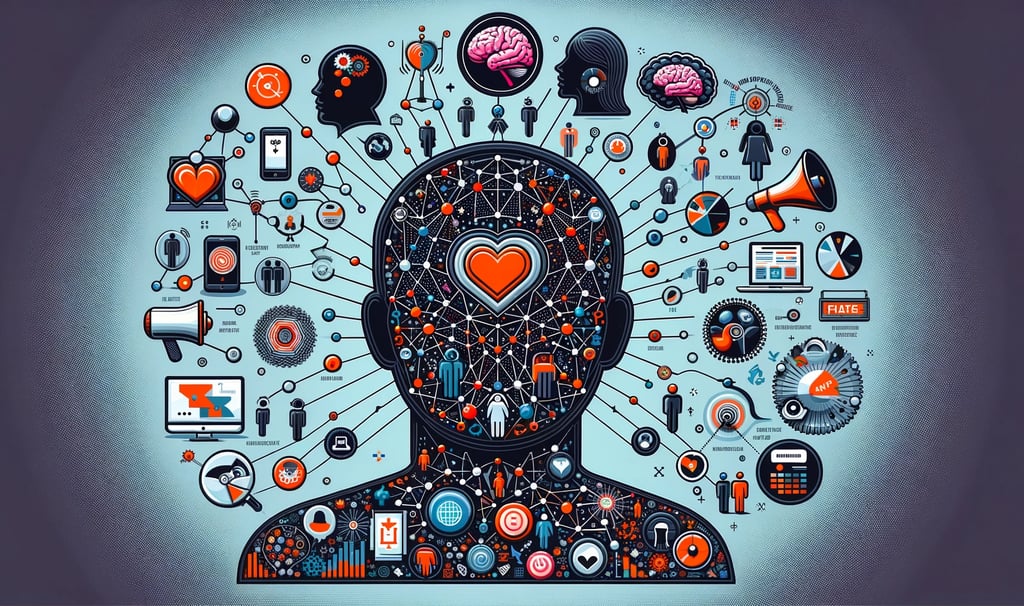 a person with a heart and marketing symbols