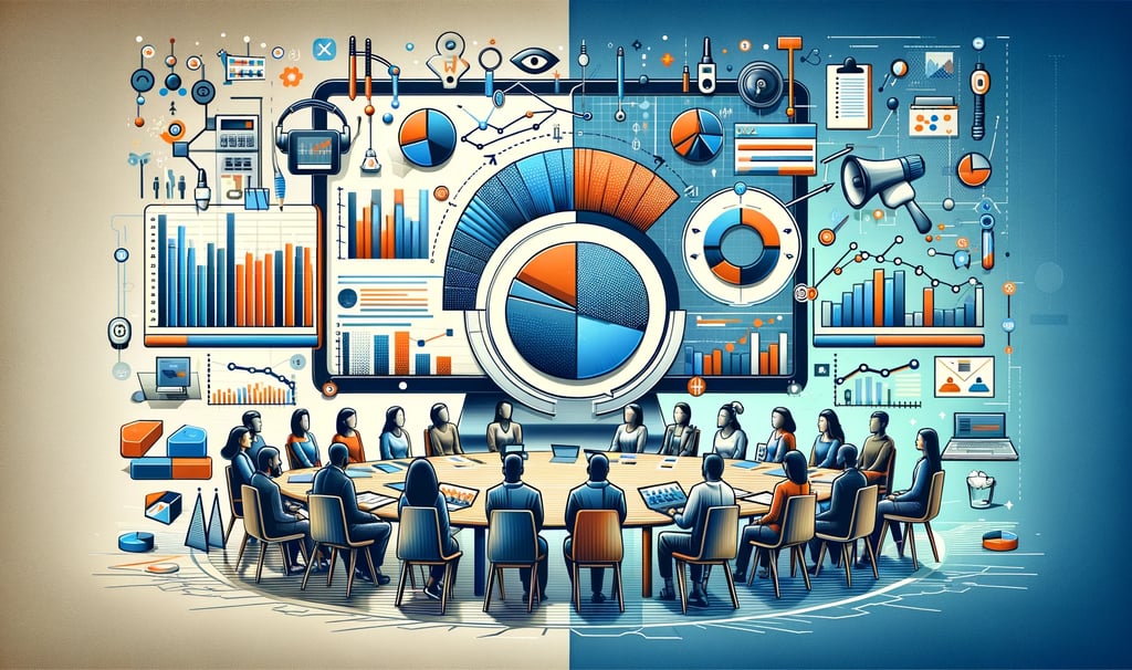 a business meeting room with a large screen with marketing symbolsdisplaying a presentation