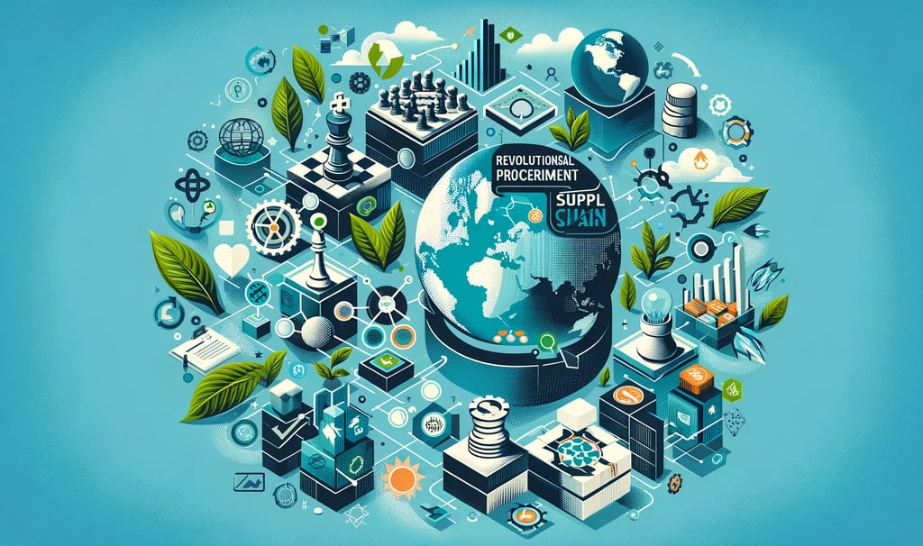 a globe with chess and procurement symbols