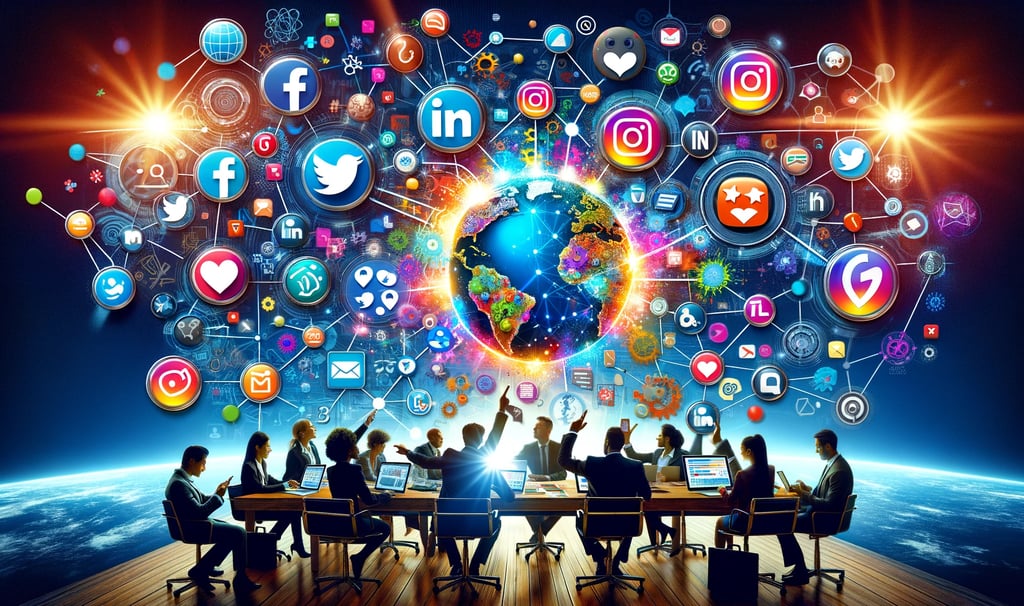 a group of people sitting around a table with social media symbols