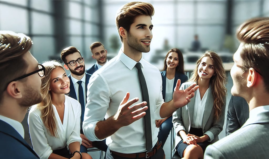 a man in a suit and tie is talking to a woman in a suit