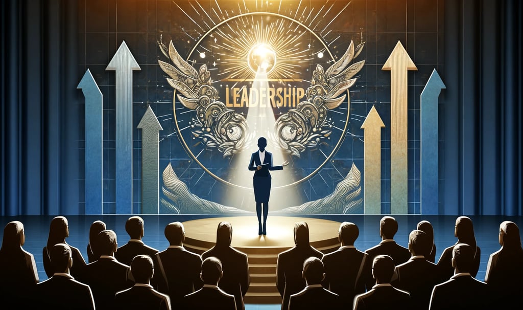 a woman standing in front of a stage with arrows pointing upward