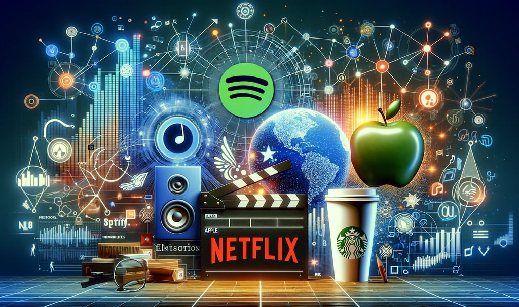 a moviNetflix, Apple, Starbucks and Spotify logos