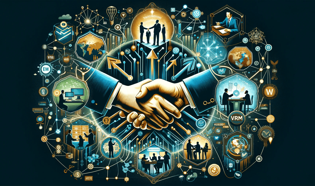 a handshake with business symbols