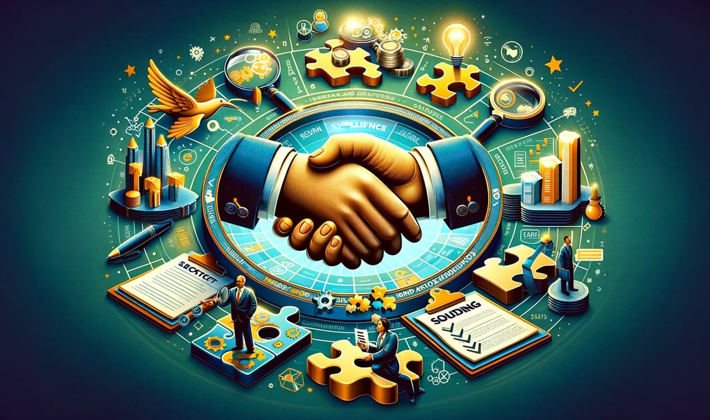 a handshake with business symbols
