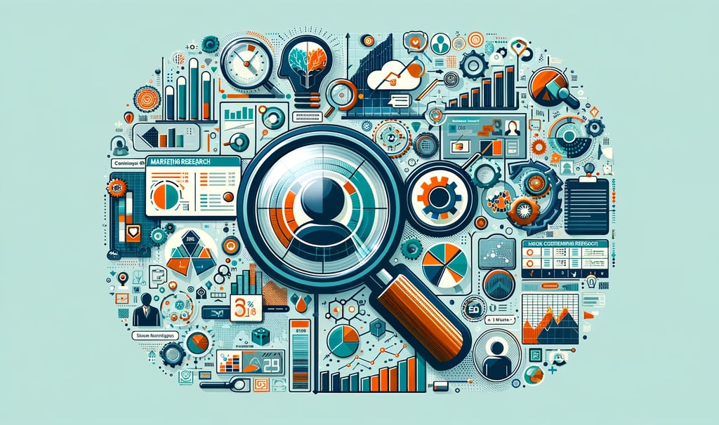 a magnifying glass with marketing symbols