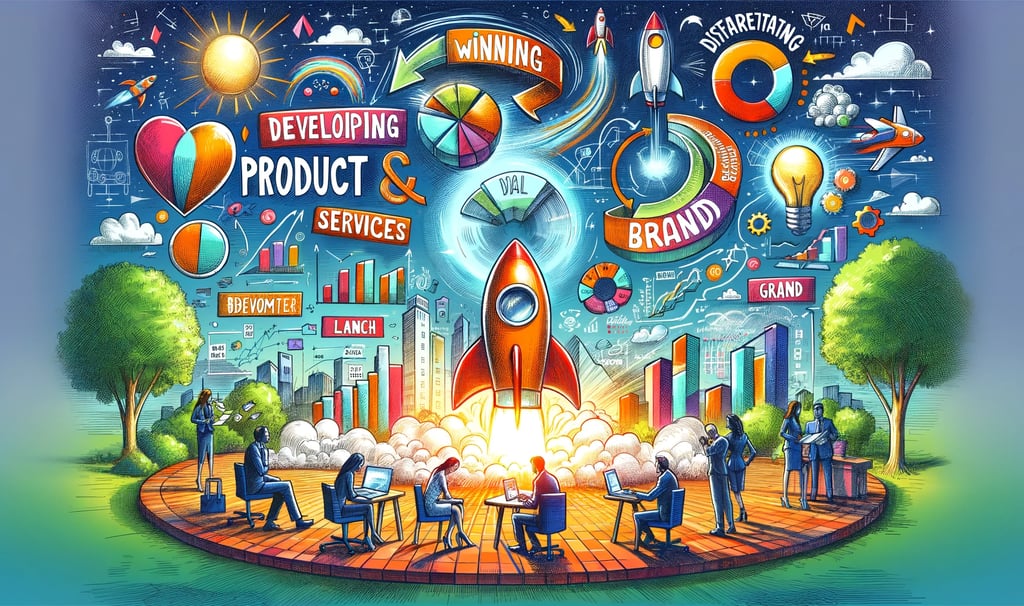 a group of people sitting at a table with a rocket