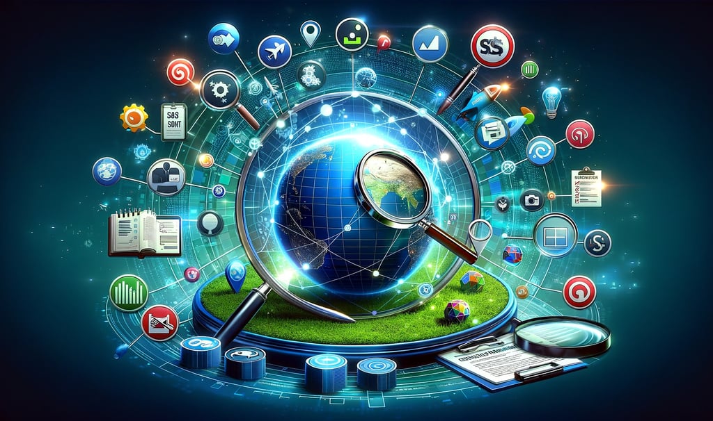a globe with a magnifying lens and marketing symbols