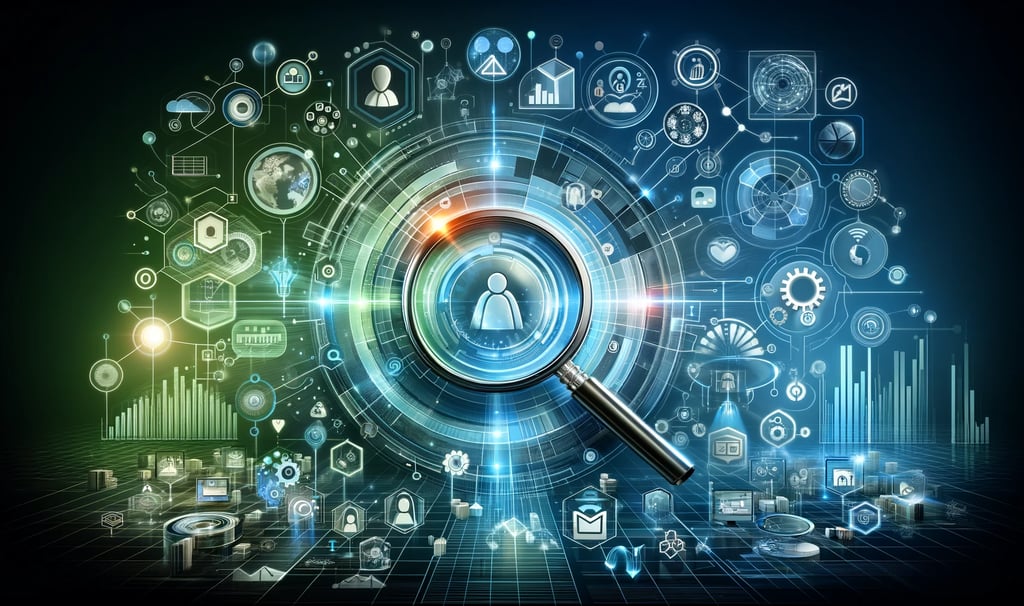 a magnifying glass and business symbols