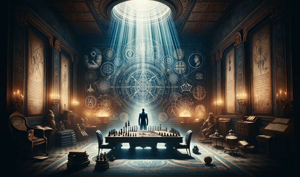 a man standing in front of a table with a chess game