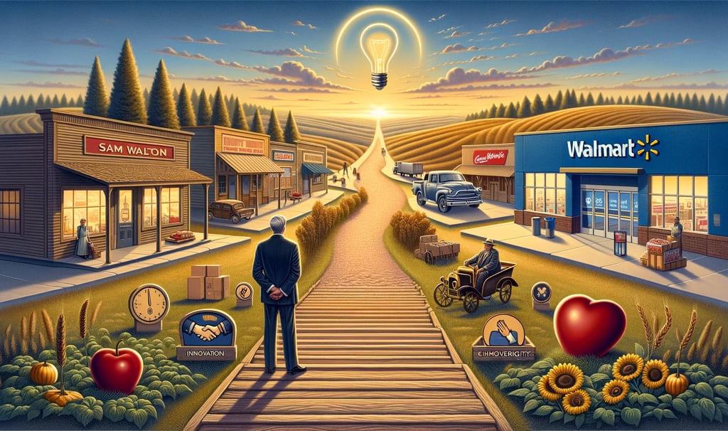 a man standing on a wooden walkway with a light bulb and a walmart