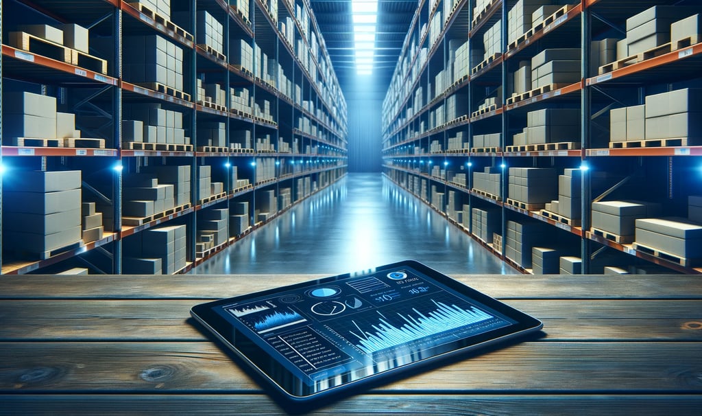 a tablet computer sitting on a table in a warehouse