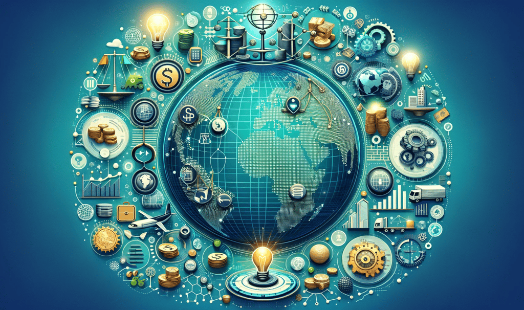 a globe in the middle of business symbols