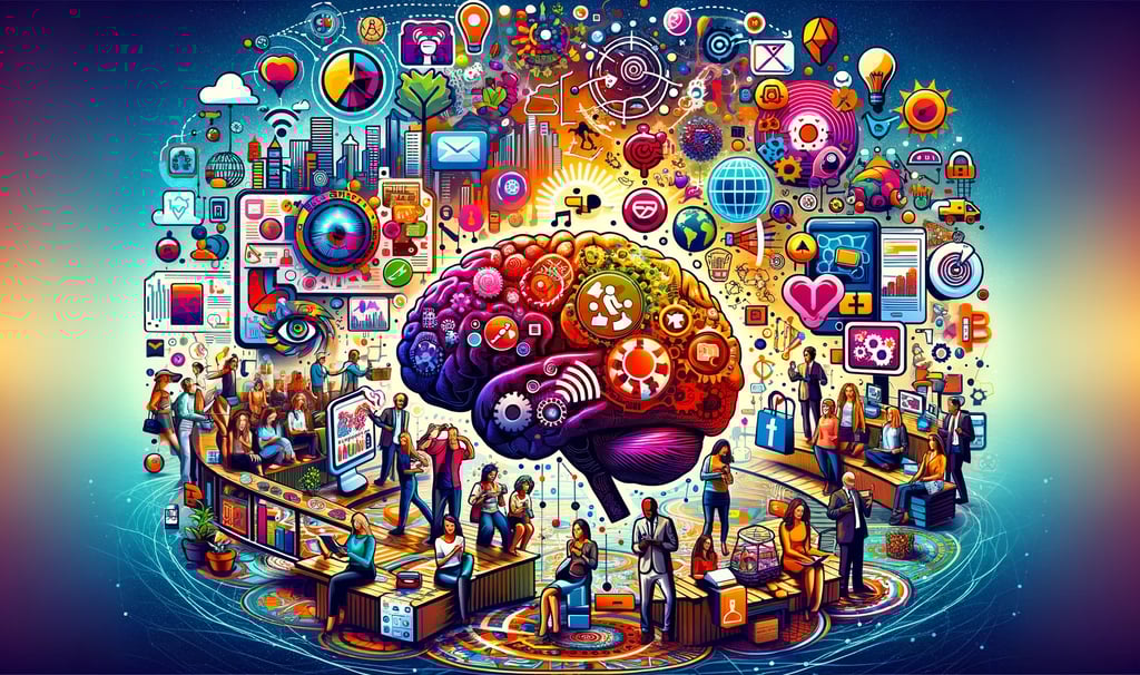 a brain map and marketing symbols