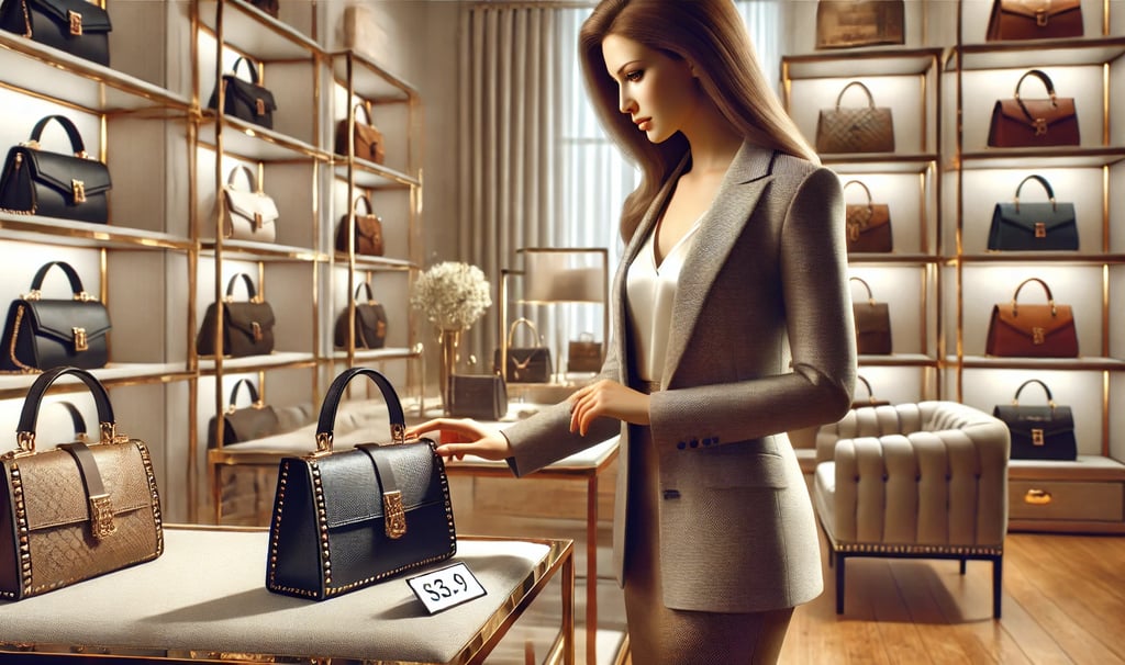 a woman in a suit and a purse
