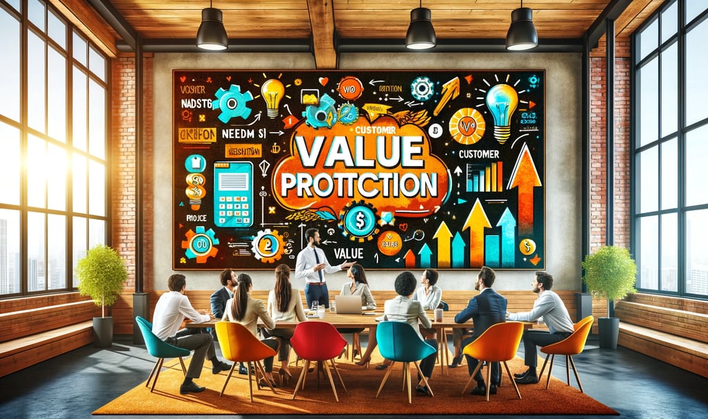 a group of people sitting around a table with a large poster