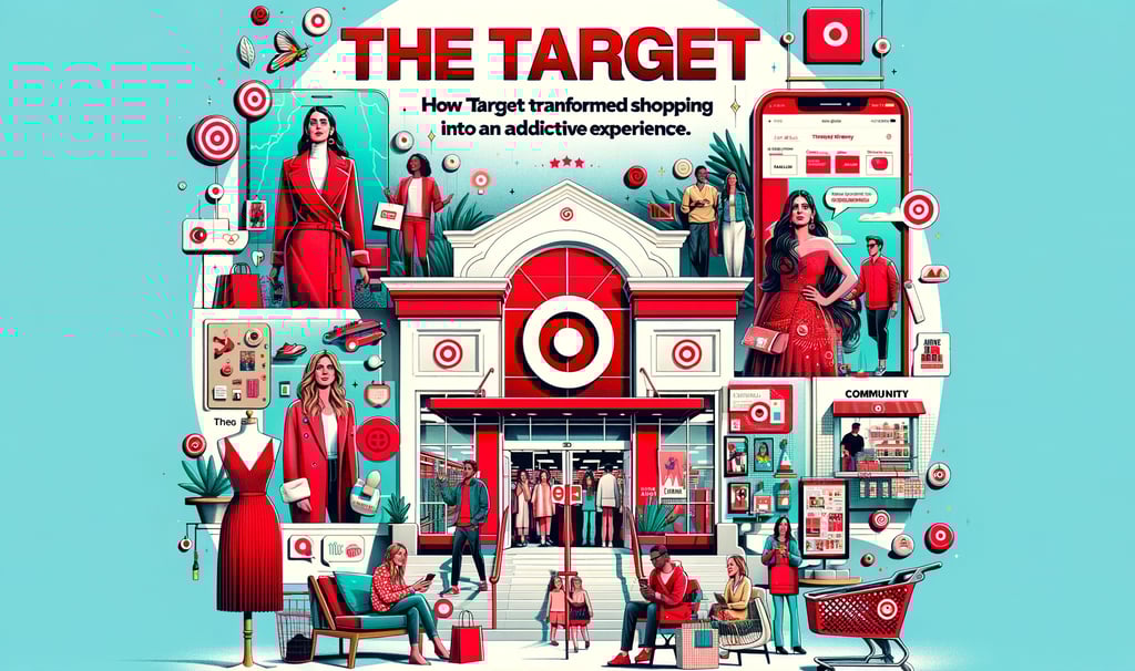 a woman in a red dress and a man shopping in Target
