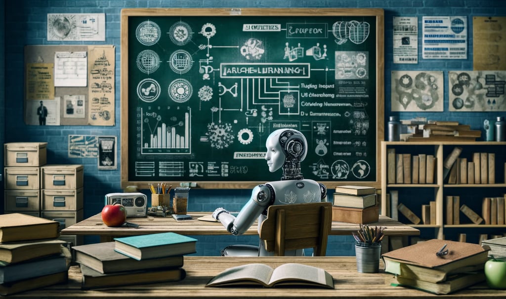 a robot is sitting at a desk with a blackboard