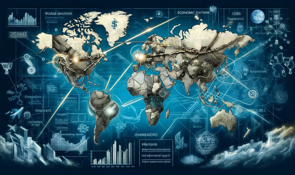 a map of the world with economic symbols