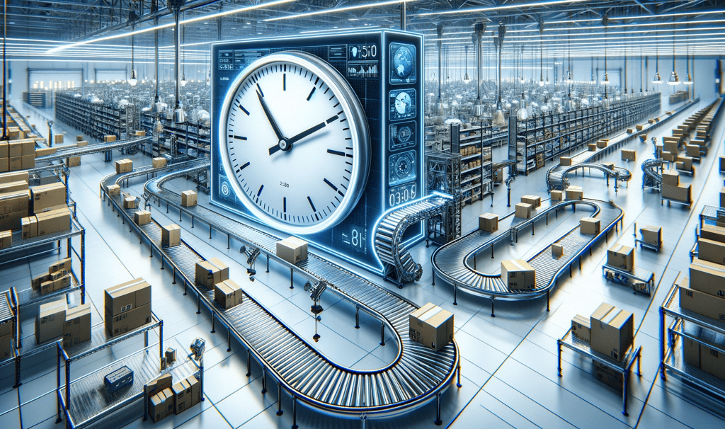 a clock on a conveyor belt in a warehouse