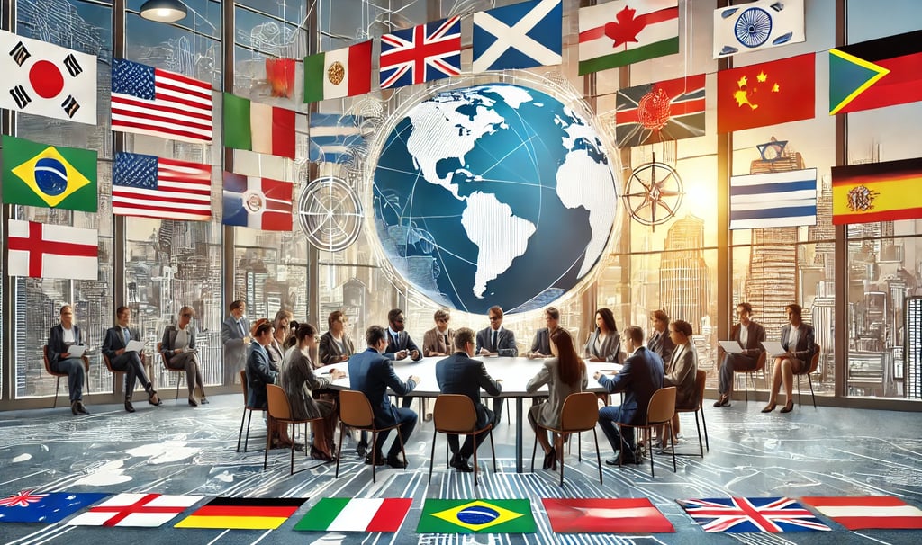 a group of business people sitting around a table with flags
