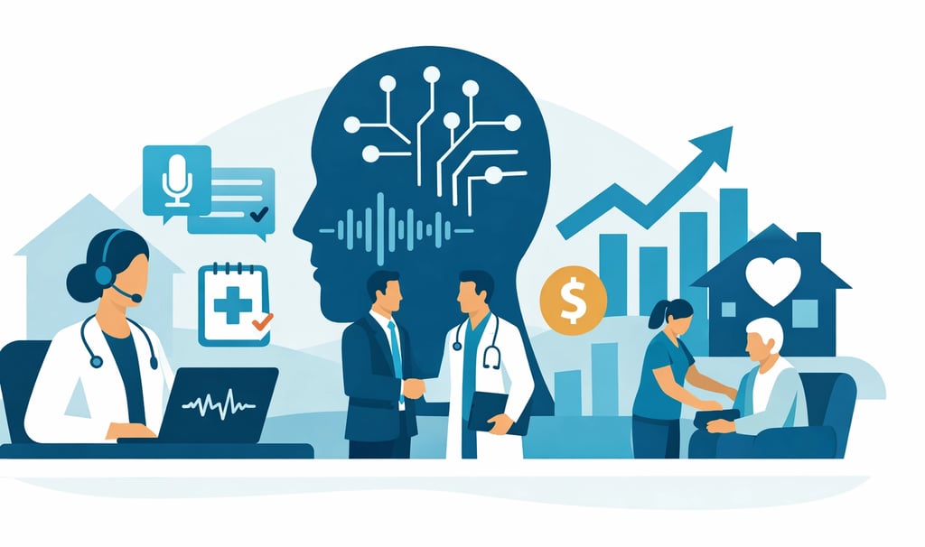 A professional clinician in a home setting using a tablet with a glowing AI interface, symbolizing t