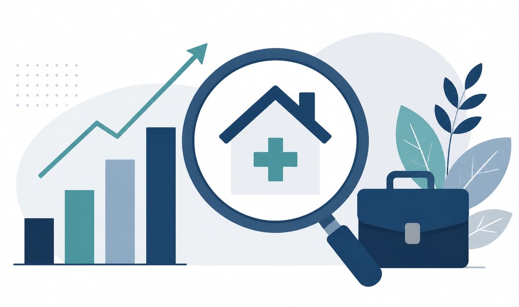 A minimalist flat-style vector illustration showing a magnifying glass hovering over a house icon wi