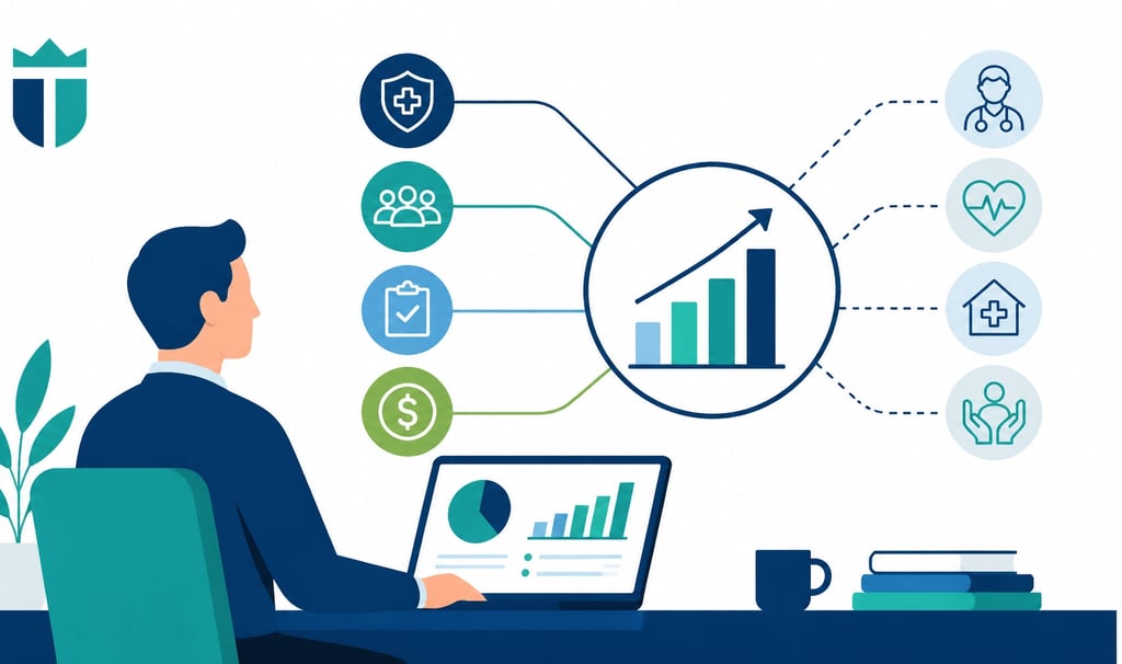Flat-style vector illustration of a healthcare leader balancing different colored blocks representin