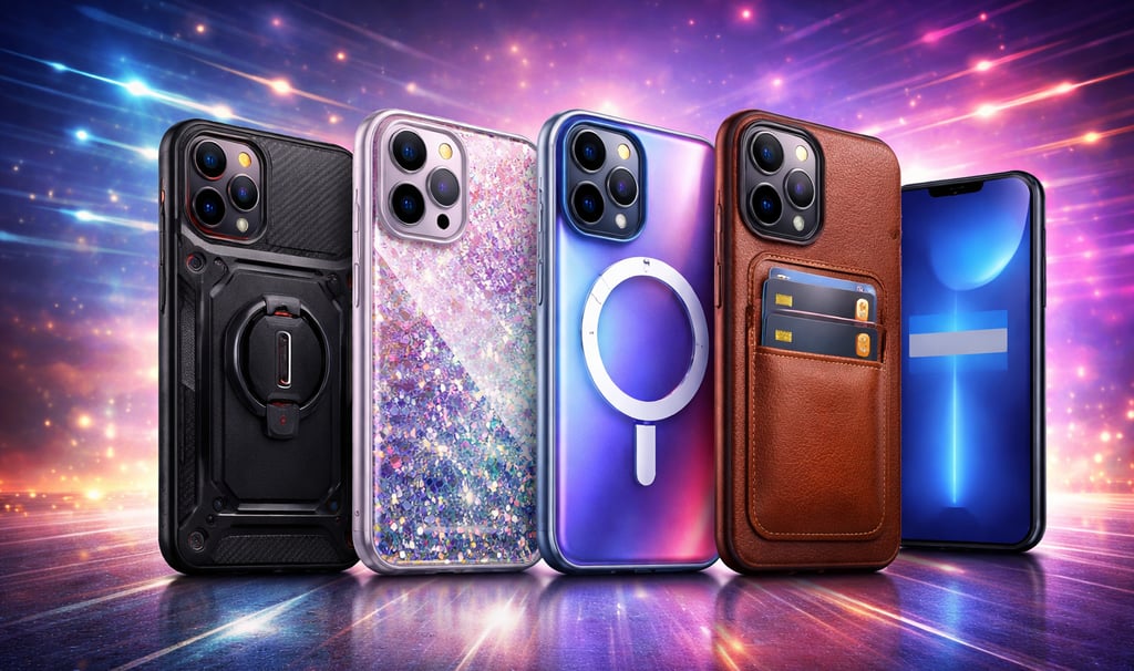 Uma coleção de capas protetoras para iPhone, incluindo modelos resistente