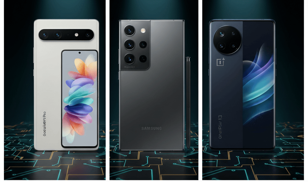 um grupo de três telefones iguais, de cores e tamanhos diferentes