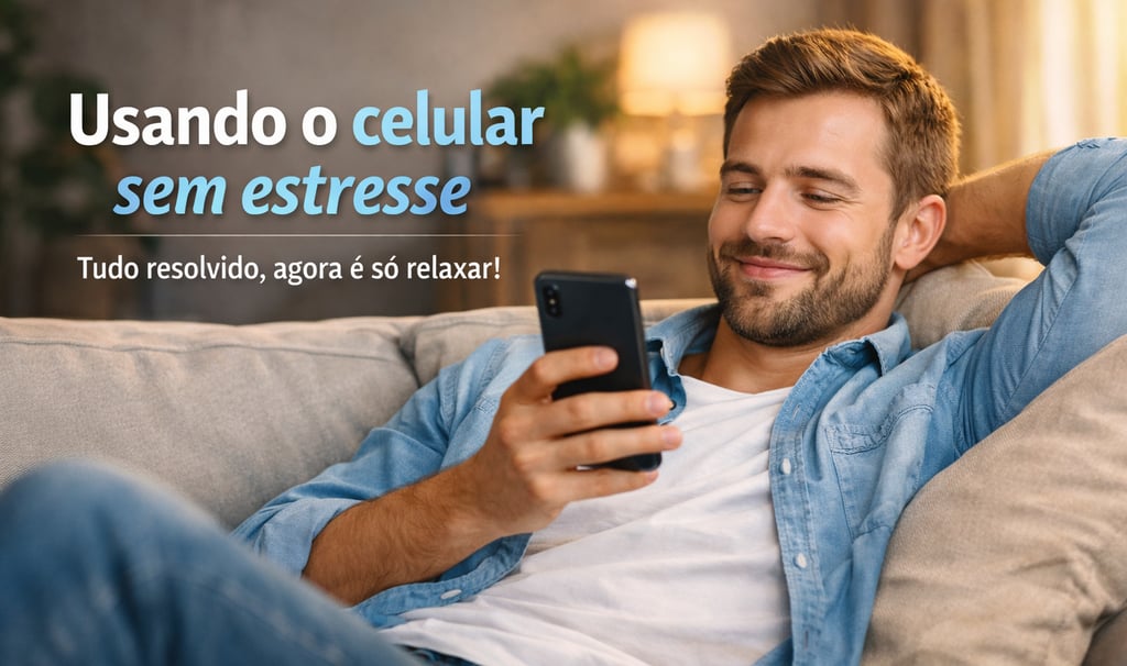 um homem sentado em um sofá com um celular