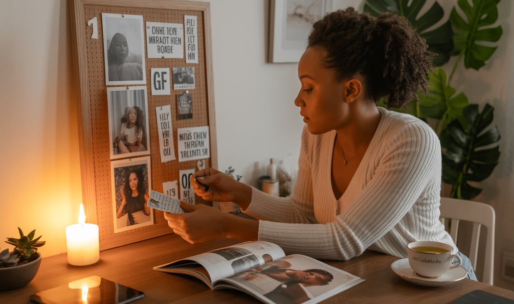 a woman sitting at a table with a phone and a candle