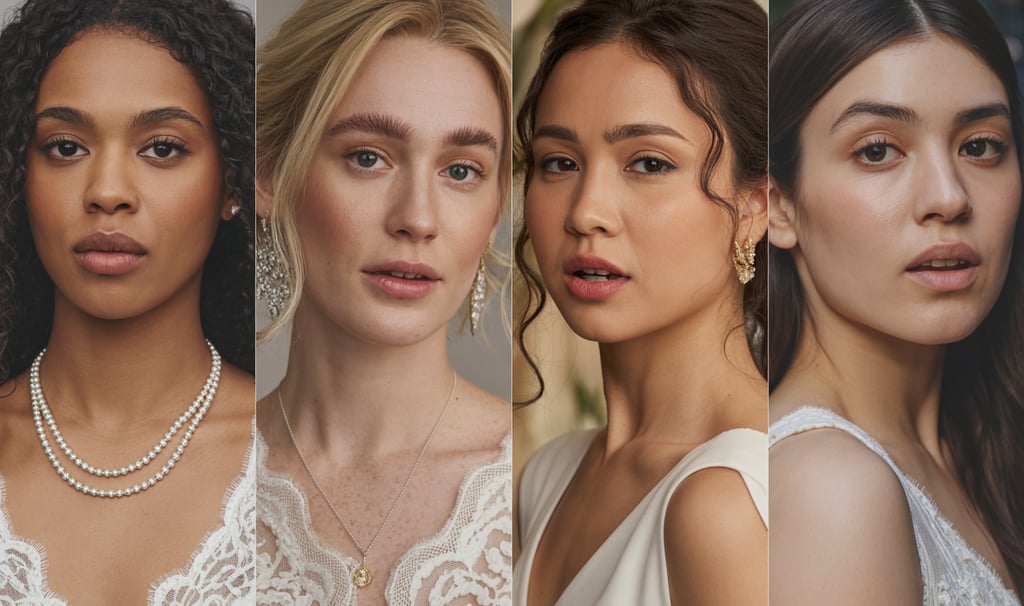a group of women in wedding dresses and pearls
