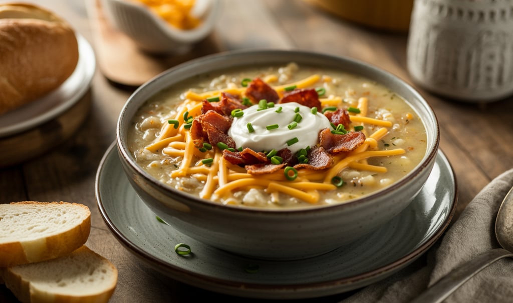 a bowl of soup with cheese and bacon