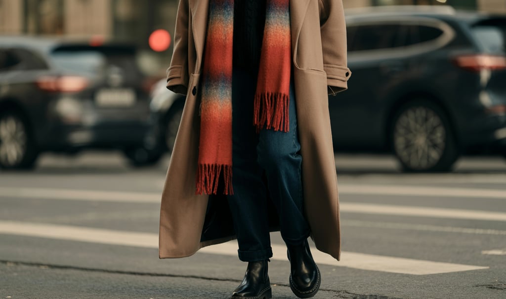 a woman in a coat and scarf on a city street
