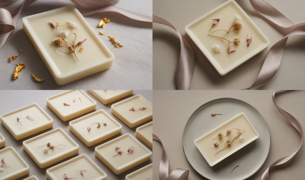 a table with a plate of soap and a plate with flowers
