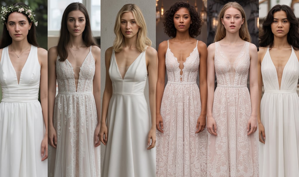 a group of women in white dresses and flower crowns