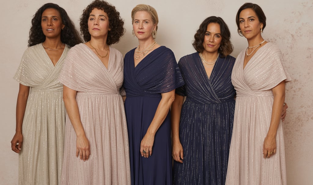 a group of women in dresses and jewelry