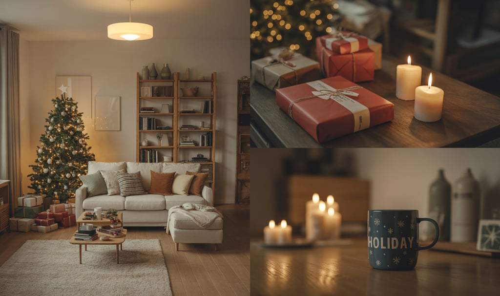 a living room with a christmas tree and a christmas tree