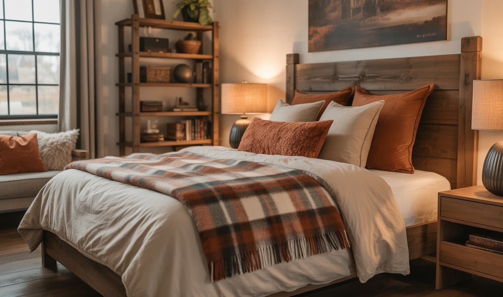 a bed with a plaid blanket and a couch